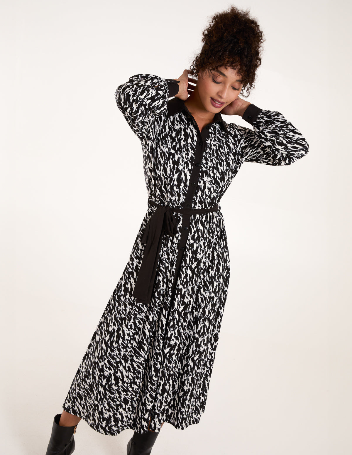 Contrast Midi Shirt Belted Dress