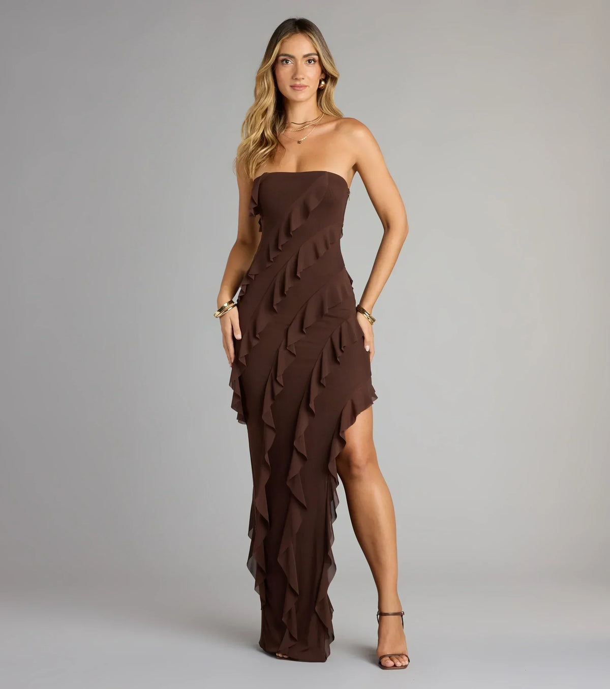 Gabby Formal Mesh Strapless Ruffle Long Dress