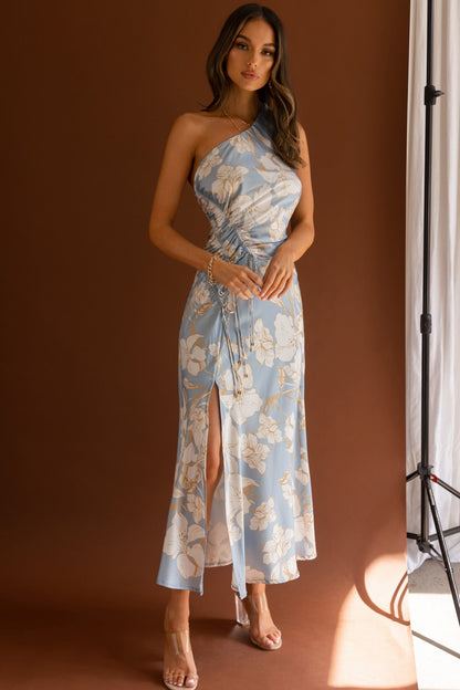 Casa Del Mar One-Shoulder Ruched Midi Dress Floral Blue