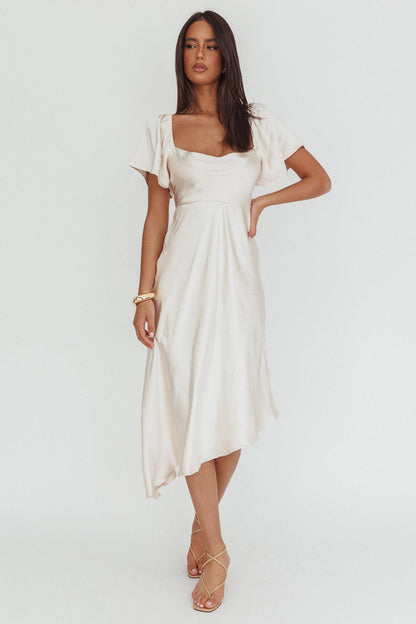 Grayson Tied Back Asymmetrical Midi Dress Champagne