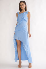 Arrabel Asymmetric Hem Ruffle Maxi Dress Pale Blue