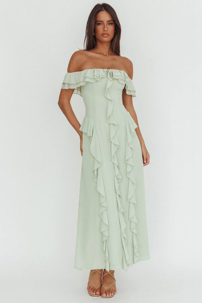Scarlet Off-Shoulder Ruffle Trim Maxi Dress Sage