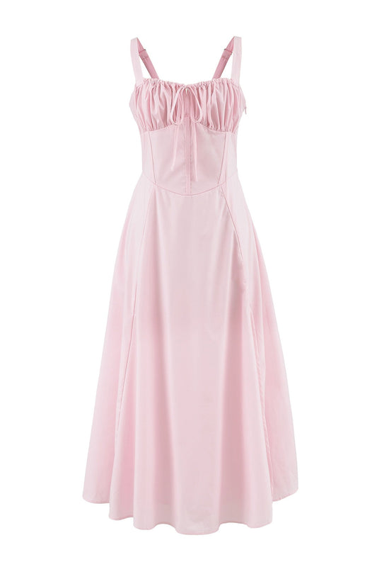 Tie Front Pink A-line Long Dress