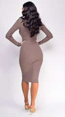 Aura Button Ribbed Midi Dress - Beige