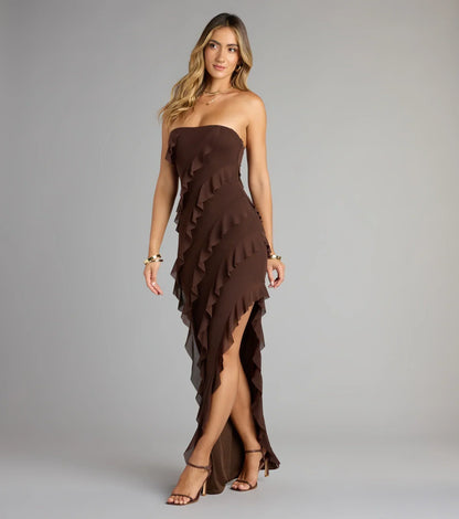 Gabby Formal Mesh Strapless Ruffle Long Dress