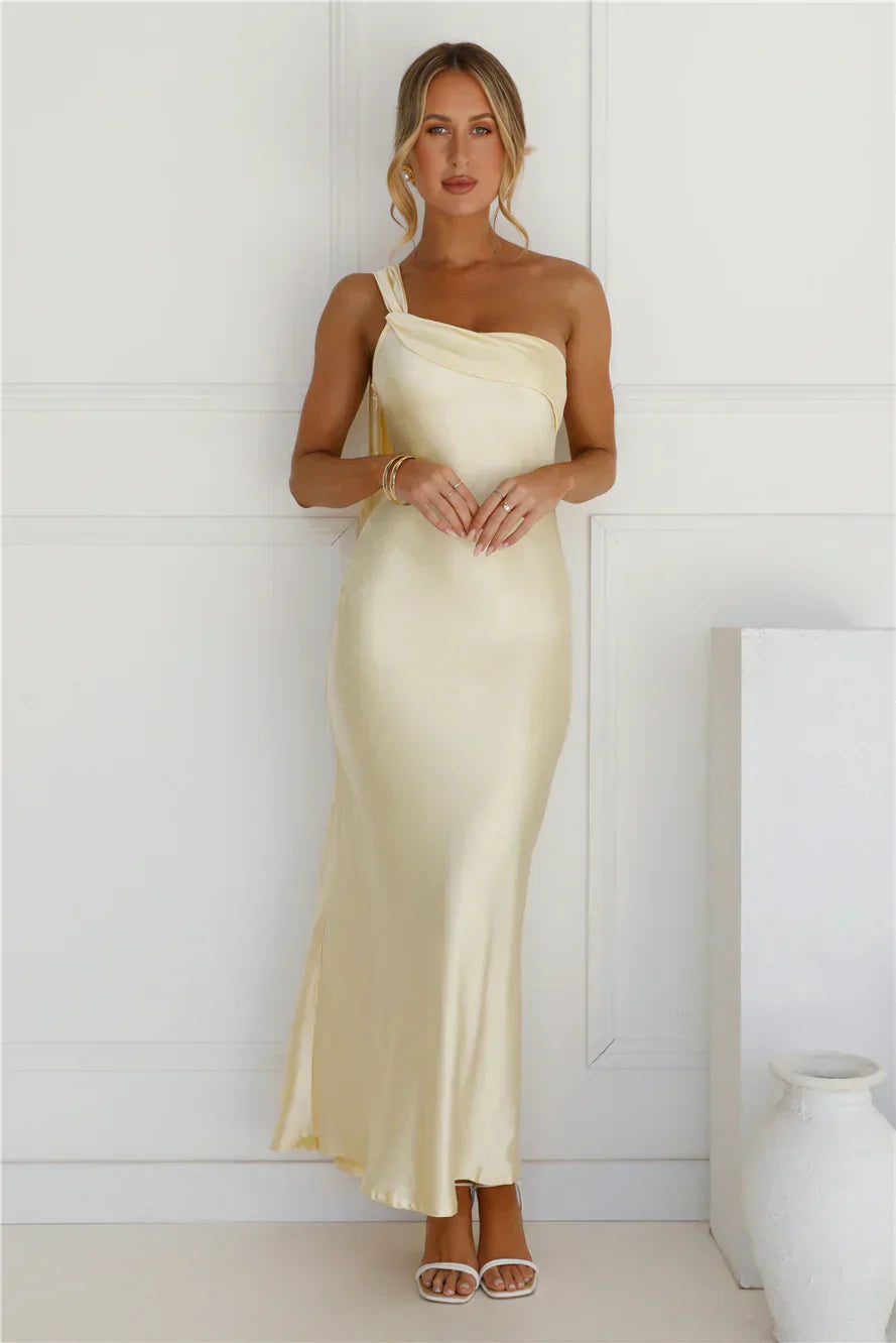 Romantic Tales Satin One Shoulder Maxi Dress