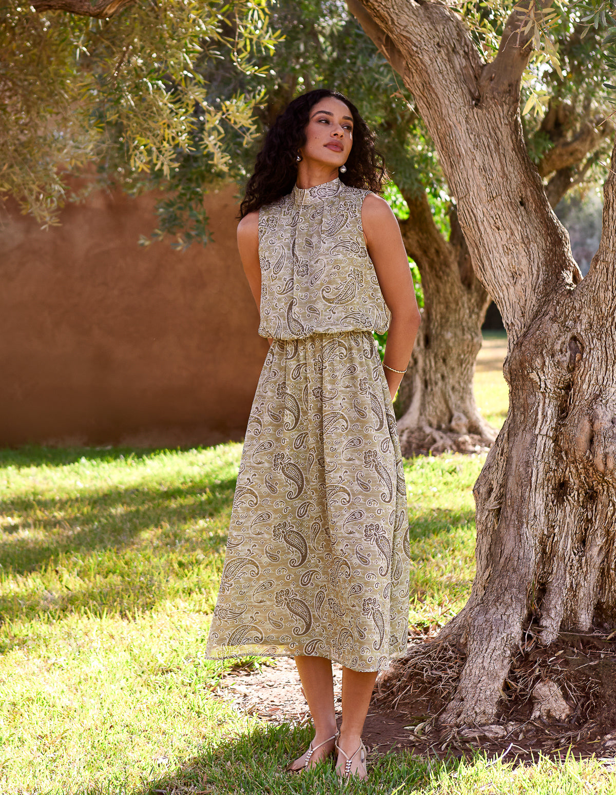 Paisley Print Rhinestone High Neck Midi Dress