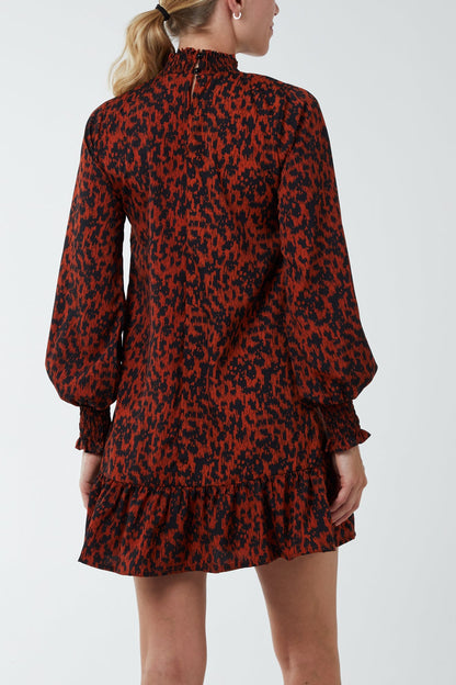 Abstract Print High Neck Mini Smock Dress