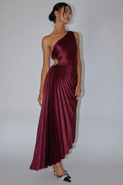 Brooklynn One-Shoulder Accordion Pleat Dress Wine