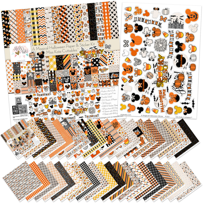 A Magical Halloween Paper & Sticker Kit, main product image, showing 12x12 scrapbook paper and coordinating stickers for scrapbook layouts, photo albums, memory keeping, cards, and paper crafts. Buyer theme: Halloween 12x12 Scrapbook Paper & Sticker Kit. 12x12 A Magical Halloween Paper & Sticker Kit with 39 Halloween paper designs, element cards and coordinating pumpkins, ghosts, candy corn, mouse-ear motifs and castle stickers