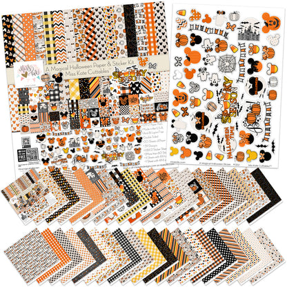 A Magical Halloween Paper & Sticker Kit, main product image, showing 12x12 scrapbook paper and coordinating stickers for scrapbook layouts, photo albums, memory keeping, cards, and paper crafts. Buyer theme: Halloween 12x12 Scrapbook Paper & Sticker Kit. 12x12 A Magical Halloween Paper & Sticker Kit with 39 Halloween paper designs, element cards and coordinating pumpkins, ghosts, candy corn, mouse-ear motifs and castle stickers