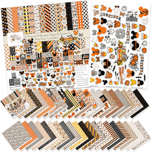 A Magical Halloween Paper & Sticker Kit, main product image, showing 12x12 scrapbook paper and coordinating stickers for scrapbook layouts, photo albums, memory keeping, cards, and paper crafts. Buyer theme: Halloween 12x12 Scrapbook Paper & Sticker Kit. 12x12 A Magical Halloween Paper & Sticker Kit with 39 Halloween paper designs, element cards and coordinating pumpkins, ghosts, candy corn, mouse-ear motifs and castle stickers