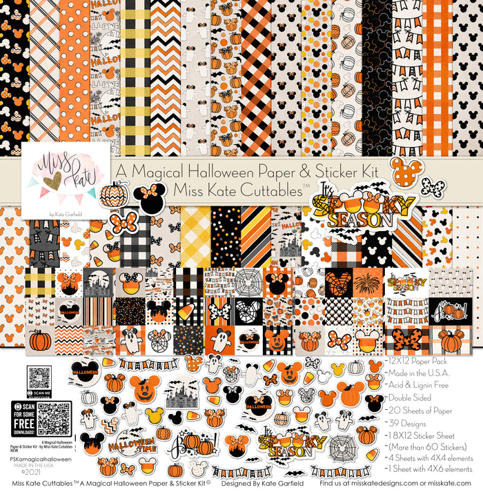 A Magical Halloween Paper & Sticker Kit, high resolution cover image, showing 12x12 scrapbook paper and coordinating stickers for scrapbook layouts, photo albums, memory keeping, cards, and paper crafts. Buyer theme: Halloween 12x12 Scrapbook Paper & Sticker Kit. 12x12 A Magical Halloween Paper & Sticker Kit with 39 Halloween paper designs, element cards and coordinating pumpkins, ghosts, candy corn, mouse-ear motifs and castle stickers