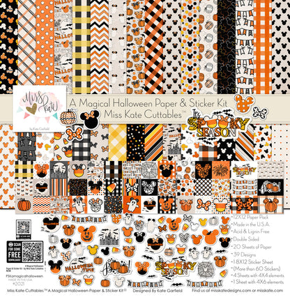 A Magical Halloween Paper & Sticker Kit, high resolution cover image, showing 12x12 scrapbook paper and coordinating stickers for scrapbook layouts, photo albums, memory keeping, cards, and paper crafts. Buyer theme: Halloween 12x12 Scrapbook Paper & Sticker Kit. 12x12 A Magical Halloween Paper & Sticker Kit with 39 Halloween paper designs, element cards and coordinating pumpkins, ghosts, candy corn, mouse-ear motifs and castle stickers