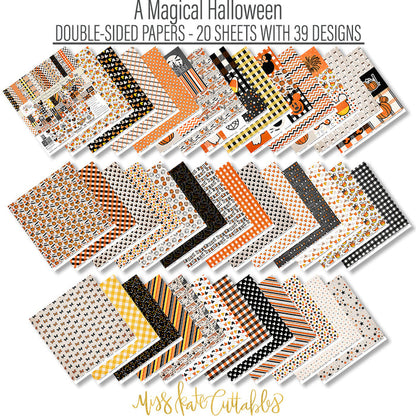 A Magical Halloween Paper & Sticker Kit, paper and sticker kit spread out image, showing 12x12 scrapbook paper and coordinating stickers for scrapbook layouts, photo albums, memory keeping, cards, and paper crafts. Buyer theme: Halloween 12x12 Scrapbook Paper & Sticker Kit. 12x12 A Magical Halloween Paper & Sticker Kit with 39 Halloween paper designs, element cards and coordinating pumpkins, ghosts, candy corn, mouse-ear motifs and castle stickers