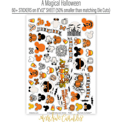 A Magical Halloween Stickers, sticker sheet spread out image, showing coordinating scrapbook stickers for layouts, planners, journals, cards, memory albums, titles, and quick finishing details. Buyer theme: Halloween Stickers for Scrapbooks & Journals. A Magical Halloween 8x12 sticker sheet with more than 60 coordinating pumpkin, ghost, candy corn, mouse-ear, castle and spooky-season stickers