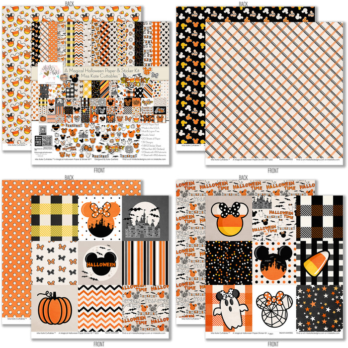 A Magical Halloween Paper & Sticker Kit, 12x12 paper designs cover to 6 preview, showing 12x12 scrapbook paper and coordinating stickers for scrapbook layouts, photo albums, memory keeping, cards, and paper crafts. Buyer theme: Halloween 12x12 Scrapbook Paper & Sticker Kit. 12x12 A Magical Halloween Paper & Sticker Kit with 39 Halloween paper designs, element cards and coordinating pumpkins, ghosts, candy corn, mouse-ear motifs and castle stickers