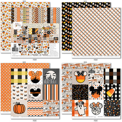 A Magical Halloween Paper & Sticker Kit, 12x12 paper designs cover to 6 preview, showing 12x12 scrapbook paper and coordinating stickers for scrapbook layouts, photo albums, memory keeping, cards, and paper crafts. Buyer theme: Halloween 12x12 Scrapbook Paper & Sticker Kit. 12x12 A Magical Halloween Paper & Sticker Kit with 39 Halloween paper designs, element cards and coordinating pumpkins, ghosts, candy corn, mouse-ear motifs and castle stickers