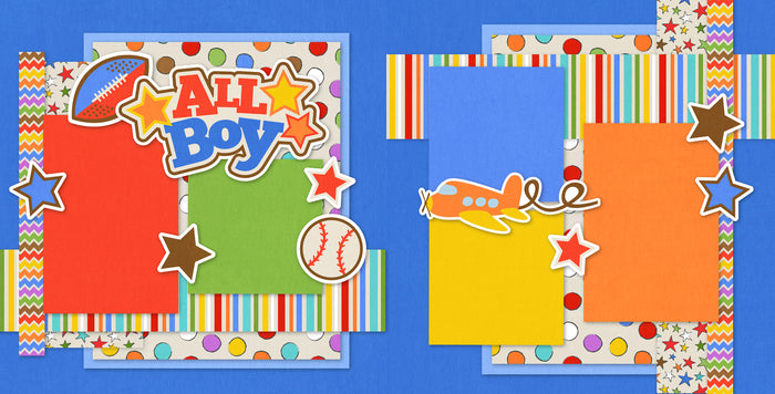 All Boy boy scrapbook scrapbook page kit — ready-to-glue title banners and photo frames, adventure layout, boy theme, acid-free double-sided scrapbook supplies, football die cut, 12x12 page kit, baseball die cut, handmade elements for DIY photo albums, precut designs for memory journaling, scrapbook layout kit, scrapbooking ephemera and cardstock cutouts, pastel paper embellishments and photo mats, airplane die cut, boy memories, photo album kit
