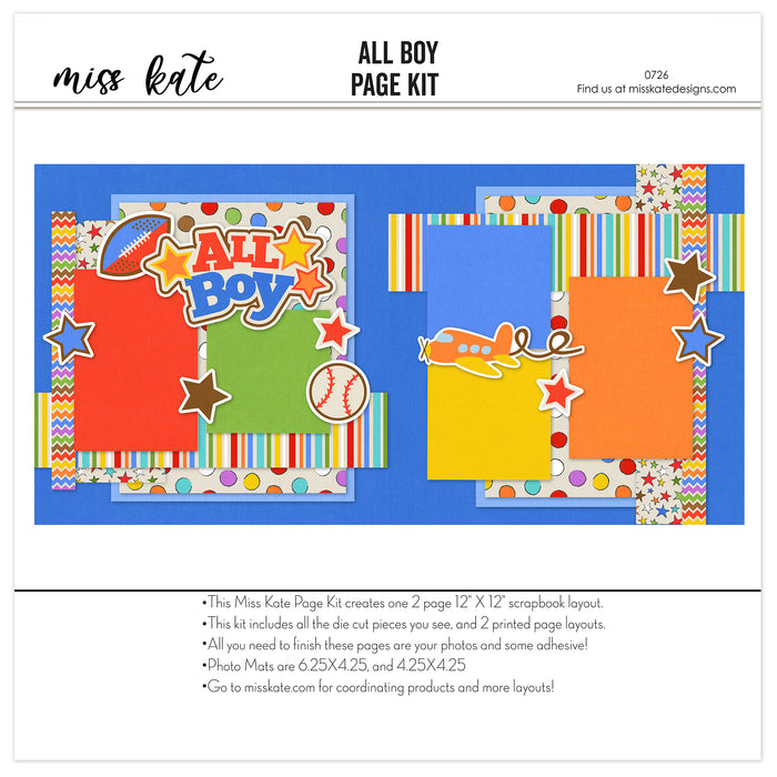 All Boy scrapbook page kit — coordinated background patterns and journaling spots, scrapbooking ephemera and cardstock cutouts, airplane die cut, acid-free double-sided scrapbook supplies, boy photo page, adventure layout, football die cut, boy theme, seasonal scrapbook page kits and die cuts, ready-to-glue title banners and photo frames, photo album kit, all boy kit, precut designs for memory journaling, pastel paper embellishments and photo mats