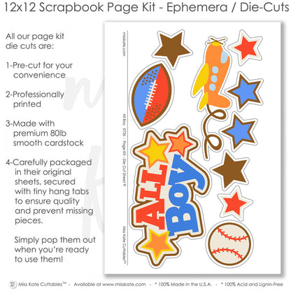 Capture special moments with the All Boy layout — photo album kit, seasonal scrapbook page kits and die cuts, boy scrapbook, scrapbook layout kit, precut designs for memory journaling, boy memories, football die cut, boy photo page, airplane die cut, coordinated background patterns and journaling spots, sports scrapbook, layered die cut titles for themed layouts, pastel paper embellishments and photo mats, handmade elements for DIY photo albums