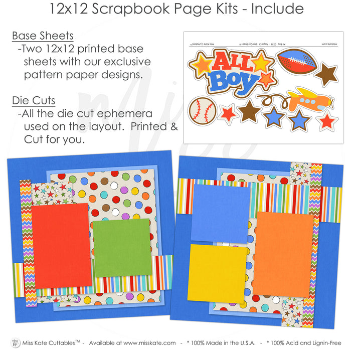 This All Boy kit features — ready-to-glue title banners and photo frames, pastel paper embellishments and photo mats, photo album kit, airplane die cut, precut designs for memory journaling, boy memories, acid-free double-sided scrapbook supplies, layered die cut titles for themed layouts, boy scrapbook, 12x12 page kit, baseball die cut, all boy kit, creative accents for scrapbook storytelling, scrapbooking ephemera and cardstock cutouts, boy theme