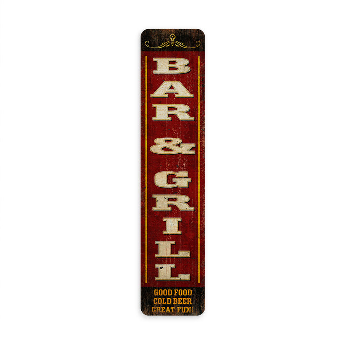 Bar and Grill tavern metal sign with vintage pub lettering for home bar, man cave, and basement wall decor