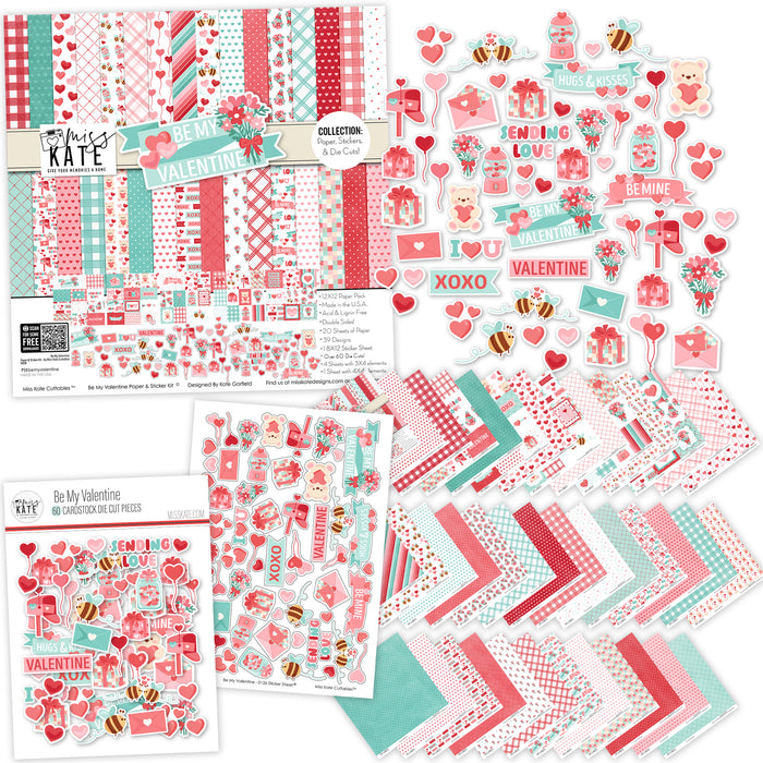 Be My Valentine Collection, main product image, showing coordinated Paper & Sticker Kit, full-size Die Cuts, and Sticker Sheet for scrapbook layouts, memory albums, cards, journals, and keepsakes. Buyer theme: Coordinated Valentine's Day Scrapbook Collection. Be My Valentine coordinated scrapbook collection with paper, stickers and die cuts for Valentine's Day photos, couples memories, friendship pages and love stories