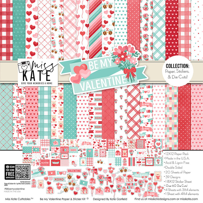Be My Valentine Collection, collection product image, showing coordinated Paper & Sticker Kit, full-size Die Cuts, and Sticker Sheet for scrapbook layouts, memory albums, cards, journals, and keepsakes. Buyer theme: Coordinated Valentine's Day Scrapbook Collection. Be My Valentine coordinated scrapbook collection with paper, stickers and die cuts for Valentine's Day photos, couples memories, friendship pages and love stories. Designed for Love story pages, Friendship memory keeping, Card making