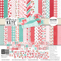 Be My Valentine Collection, collection product image, showing coordinated Paper & Sticker Kit, full-size Die Cuts, and Sticker Sheet for scrapbook layouts, memory albums, cards, journals, and keepsakes. Buyer theme: Coordinated Valentine's Day Scrapbook Collection. Be My Valentine coordinated scrapbook collection with paper, stickers and die cuts for Valentine's Day photos, couples memories, friendship pages and love stories. Designed for Love story pages, Friendship memory keeping, Card making