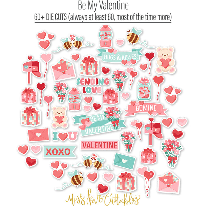 Be My Valentine Die Cuts, die cuts spread out image, showing pre-cut scrapbook embellishments for layouts, handmade cards, journals, mini albums, memory pages, and layered paper crafts. Buyer theme: Valentine Heart Die Cuts & Love Embellishments. Be My Valentine Die Cuts with love titles, hearts, mailboxes, envelopes, balloons, teddy bears, bees, flower bouquets, gifts, candy jars and gumball machines for Valentine scrapbook pages and keepsakes