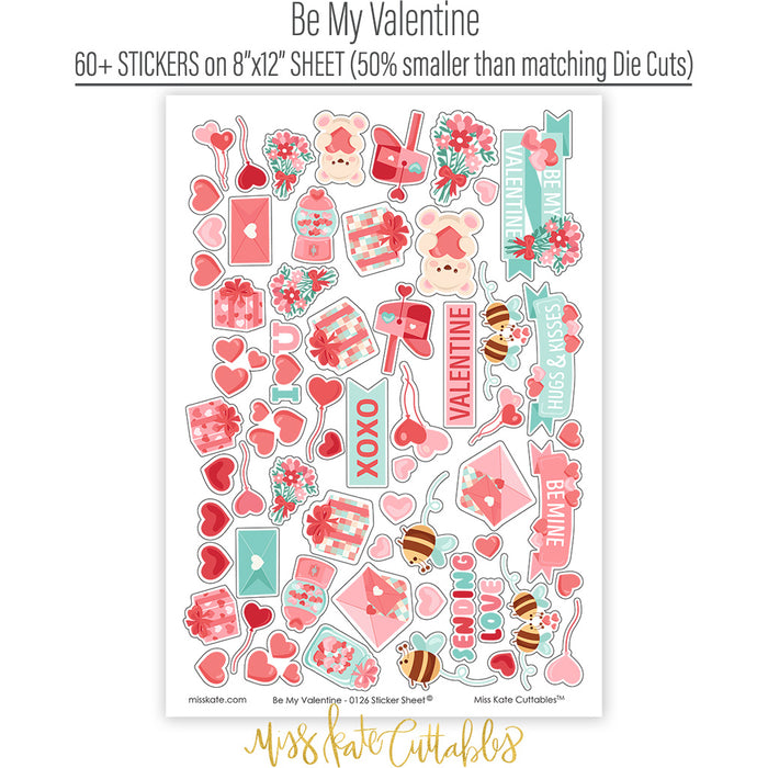 Be My Valentine Stickers, sticker sheet spread out image, showing coordinating scrapbook stickers for layouts, planners, journals, cards, memory albums, titles, and quick finishing details. Buyer theme: Valentine Stickers for Scrapbooks & Journals. Be My Valentine Sticker Sheet with scaled hearts, love titles, mailboxes, envelopes, balloons, teddy bears, bees, flowers, gifts and candy accents for scrapbooks, planners and journals. Designed for Card making, Mini albums, Junk journals