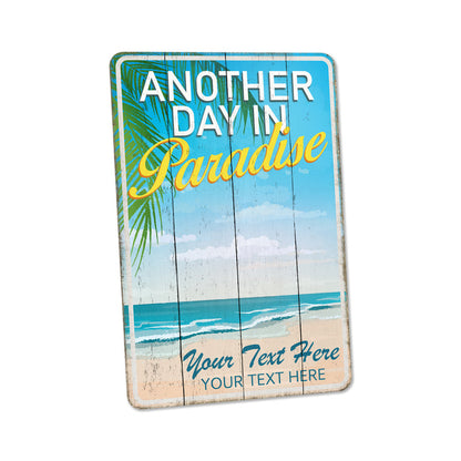 Personalized beach paradise palm tree metal sign, tropical ocean decor for beach house