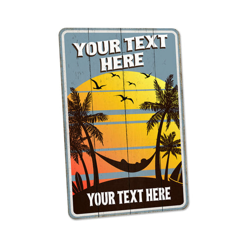 Personalized hammock sunset beach metal sign, tropical ocean decor for beach house