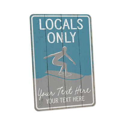 Rustic 'Locals Only' palm tree beach metal sign, ocean surf decor and surfer gift