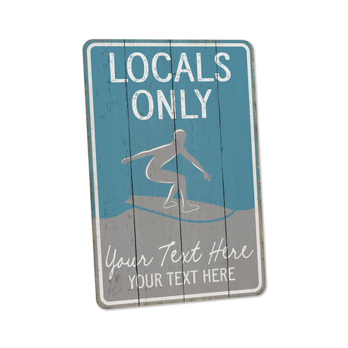 Rustic 'Locals Only' palm tree beach metal sign, ocean surf decor and surfer gift