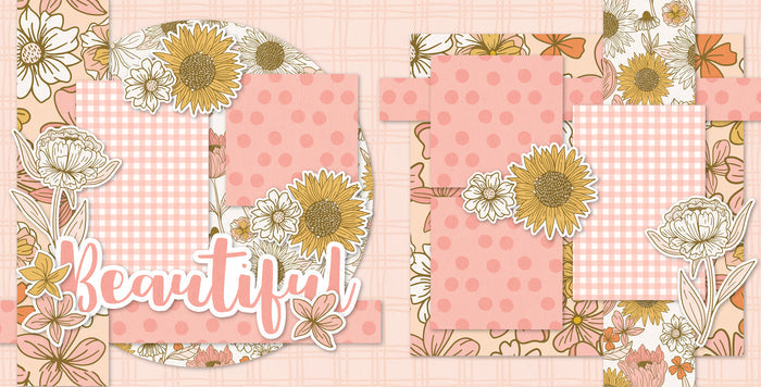 Two-page Beautiful scrapbook layout featuring blush pink mustard and cream palette, large hand drawn flowers, sunflower patterned paper, pink gingham photo mats, soft pink polka dots, subtle plaid background, layered floral clusters, cream outlined blossoms. Designed for Floral Photo Memories, Floral Scrapbook Page Kit, mustard yellow sunflowers, beautiful script title, rounded floral paper panels, delicate leaf and stem accents.
