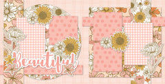 Two-page Beautiful scrapbook layout featuring blush pink mustard and cream palette, large hand drawn flowers, sunflower patterned paper, pink gingham photo mats, soft pink polka dots, subtle plaid background, layered floral clusters, cream outlined blossoms. Designed for Floral Photo Memories, Floral Scrapbook Page Kit, mustard yellow sunflowers, beautiful script title, rounded floral paper panels, delicate leaf and stem accents.