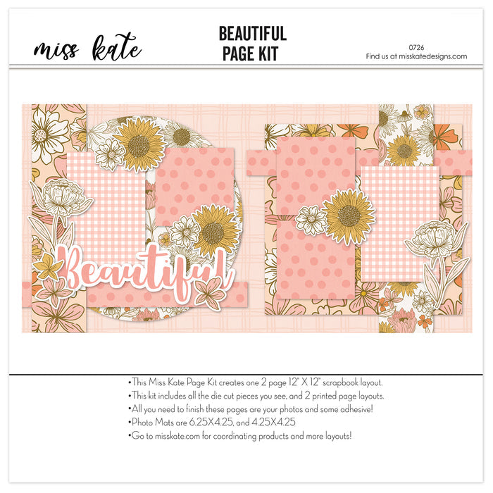 Beautiful 12x12 scrapbook page kit shown with large hand drawn flowers, sunflower patterned paper, pink gingham photo mats, soft pink polka dots, subtle plaid background, layered floral clusters, cream outlined blossoms, mustard yellow sunflowers. Designed for Floral Scrapbook Page Kit, Pink Flower Scrapbook Layout, beautiful script title, rounded floral paper panels, delicate leaf and stem accents, blush pink mustard and cream palette.