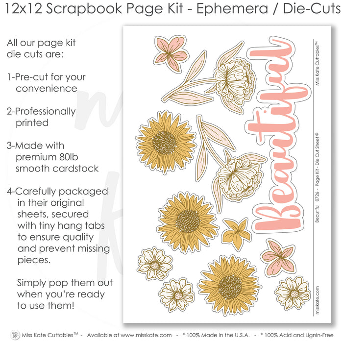 Coordinated Beautiful memory-keeping layout with sunflower patterned paper, pink gingham photo mats, soft pink polka dots, subtle plaid background, layered floral clusters, cream outlined blossoms, mustard yellow sunflowers, beautiful script title. Designed for Pink Flower Scrapbook Layout, Sunflower Scrapbook Pages, rounded floral paper panels, delicate leaf and stem accents, blush pink mustard and cream palette, large hand drawn flowers.