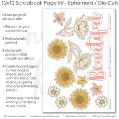 Coordinated Beautiful memory-keeping layout with sunflower patterned paper, pink gingham photo mats, soft pink polka dots, subtle plaid background, layered floral clusters, cream outlined blossoms, mustard yellow sunflowers, beautiful script title. Designed for Pink Flower Scrapbook Layout, Sunflower Scrapbook Pages, rounded floral paper panels, delicate leaf and stem accents, blush pink mustard and cream palette, large hand drawn flowers.