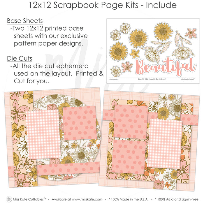 Detailed Beautiful scrapbook design featuring pink gingham photo mats, soft pink polka dots, subtle plaid background, layered floral clusters, cream outlined blossoms, mustard yellow sunflowers, beautiful script title, rounded floral paper panels. Designed for Sunflower Scrapbook Pages, Feminine Scrapbook Paper Kit, delicate leaf and stem accents, blush pink mustard and cream palette, large hand drawn flowers, sunflower patterned paper.
