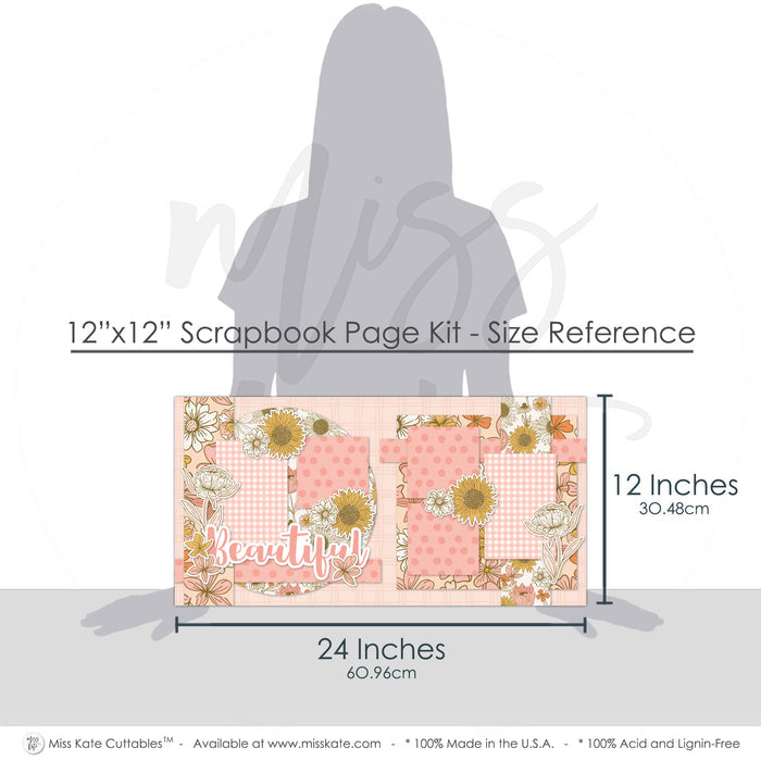 Coordinating Beautiful papers and die cuts featuring layered floral clusters, cream outlined blossoms, mustard yellow sunflowers, beautiful script title, rounded floral paper panels, delicate leaf and stem accents, blush pink mustard and cream palette, large hand drawn flowers. Designed for Garden Themed Scrapbook Pages, Mother Daughter Scrapbook Kit, sunflower patterned paper, pink gingham photo mats, soft pink polka dots, subtle plaid background.