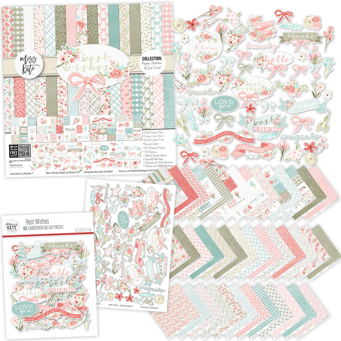 Best Wishes Collection, main product image, showing coordinated Paper & Sticker Kit, full-size Die Cuts, and Sticker Sheet for scrapbook layouts, memory albums, cards, journals, and keepsakes. Buyer theme: Coordinated Friendship Scrapbook Craft Collection. coordinated paper, stickers and die cuts collection. Visible artwork includes watercolor roses, ribbon bows, wildflowers, leafy sprigs. Coordinating patterns include gingham, plaid, polka dots