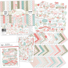 Best Wishes Collection, main product image, showing coordinated Paper & Sticker Kit, full-size Die Cuts, and Sticker Sheet for scrapbook layouts, memory albums, cards, journals, and keepsakes. Buyer theme: Coordinated Friendship Scrapbook Craft Collection. coordinated paper, stickers and die cuts collection. Visible artwork includes watercolor roses, ribbon bows, wildflowers, leafy sprigs. Coordinating patterns include gingham, plaid, polka dots