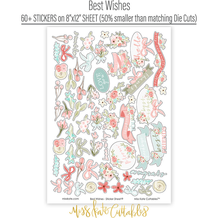 Best Wishes Stickers, sticker sheet spread out image, showing coordinating scrapbook stickers for layouts, planners, journals, cards, memory albums, titles, and quick finishing details. Buyer theme: Floral Friendship Stickers for Scrapbooks & Journals. coordinating floral and sentiment sticker sheet. Visible artwork includes floral banners, sentiment labels, watercolor roses, ribbon bows. Coordinating patterns include botanical print, diamond lattice, gingham