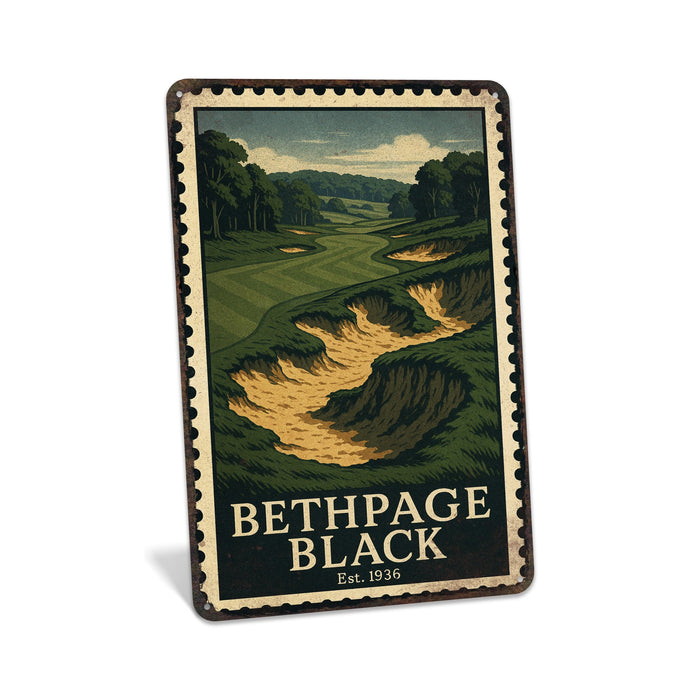 Rustic metal sign featuring a vintage stamp-style illustration inspired by Bethpage Black