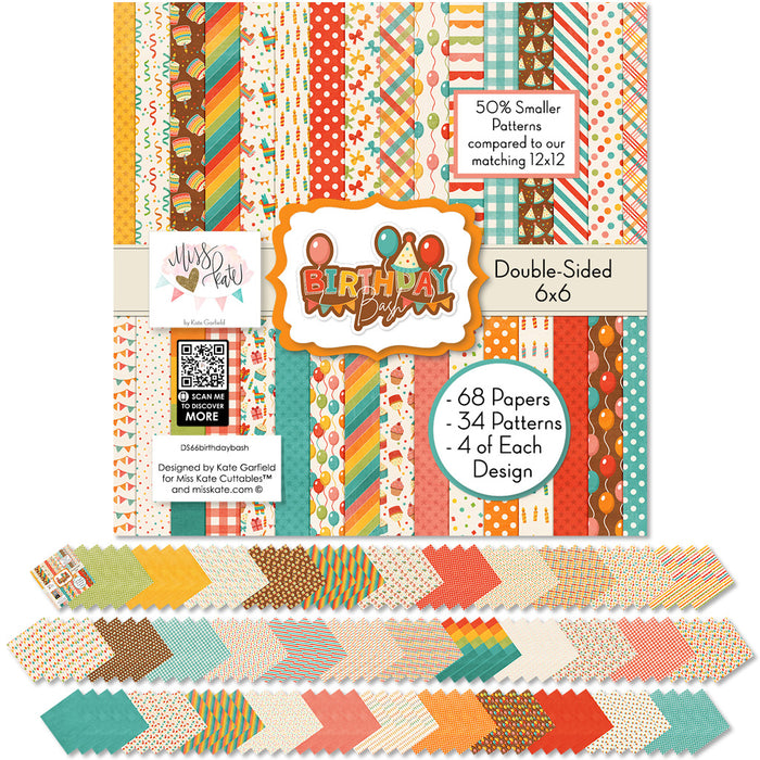 Birthday Bash 6x6 Double-Sided Paper Pack, 6x6 cover and paper spread out image, showing 6x6 scrapbook paper for handmade cards, mini albums, junk journals, paper layering, small-scale layouts, and coordinated paper crafts. Buyer theme: Birthday 6x6 Paper for Cards & Mini Albums. Birthday Bash 6x6 Double-Sided Paper Pack with scaled birthday patterns for cards, mini albums, journals and smaller celebration projects