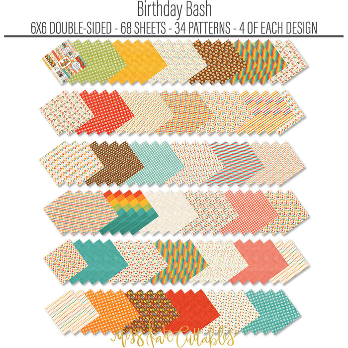 Birthday Bash 6x6 Double-Sided Paper Pack, papers spread out image, showing 6x6 scrapbook paper for handmade cards, mini albums, junk journals, paper layering, small-scale layouts, and coordinated paper crafts. Buyer theme: Birthday 6x6 Paper for Cards & Mini Albums. Birthday Bash 6x6 Double-Sided Paper Pack with scaled birthday patterns for cards, mini albums, journals and smaller celebration projects. Coordinating patterns include Balloon toss patterns, Cake and cupcake toss, Candle rows