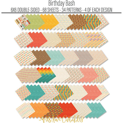 Birthday Bash 6x6 Double-Sided Paper Pack, papers spread out image, showing 6x6 scrapbook paper for handmade cards, mini albums, junk journals, paper layering, small-scale layouts, and coordinated paper crafts. Buyer theme: Birthday 6x6 Paper for Cards & Mini Albums. Birthday Bash 6x6 Double-Sided Paper Pack with scaled birthday patterns for cards, mini albums, journals and smaller celebration projects. Coordinating patterns include Balloon toss patterns, Cake and cupcake toss, Candle rows